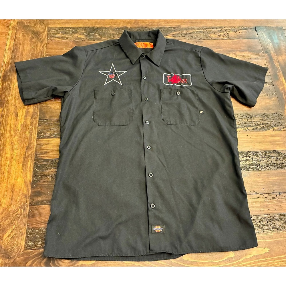 Dickies Button Down Shirt Farker Patch Mechanic Men's Large Biker Rockabilly